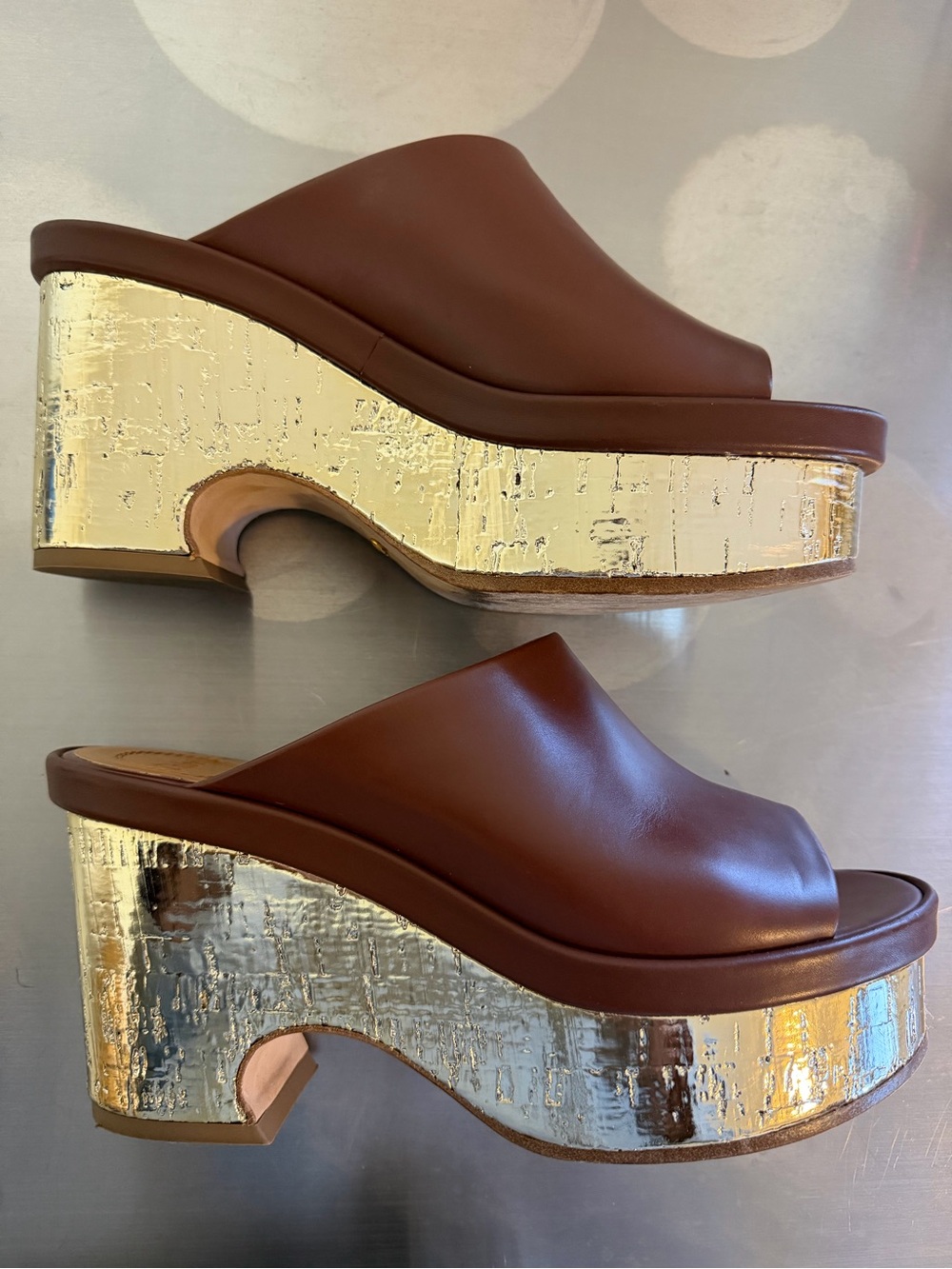 Chloe Brown Leather Open-Toe Platform Mules with Gold Textured Heel